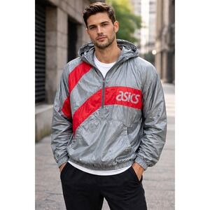 ASICS Mens Silver Red Stripe Anorak Hooded Windbreaker‎ Jacket